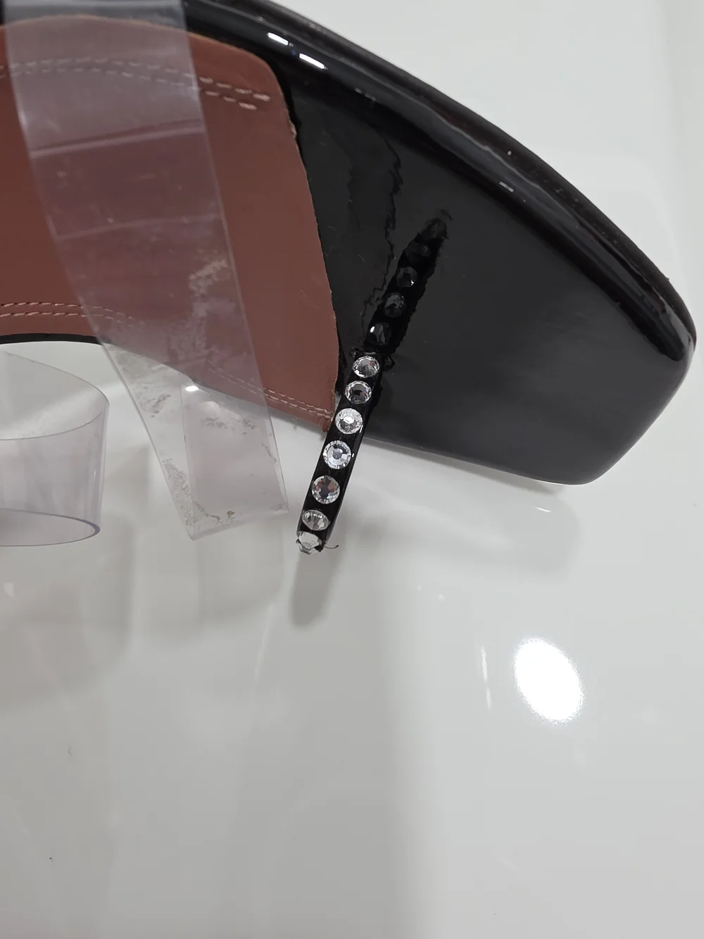 Amina Muaddi Black Patent Slide Heels with Clear Straps and Crystal Trim